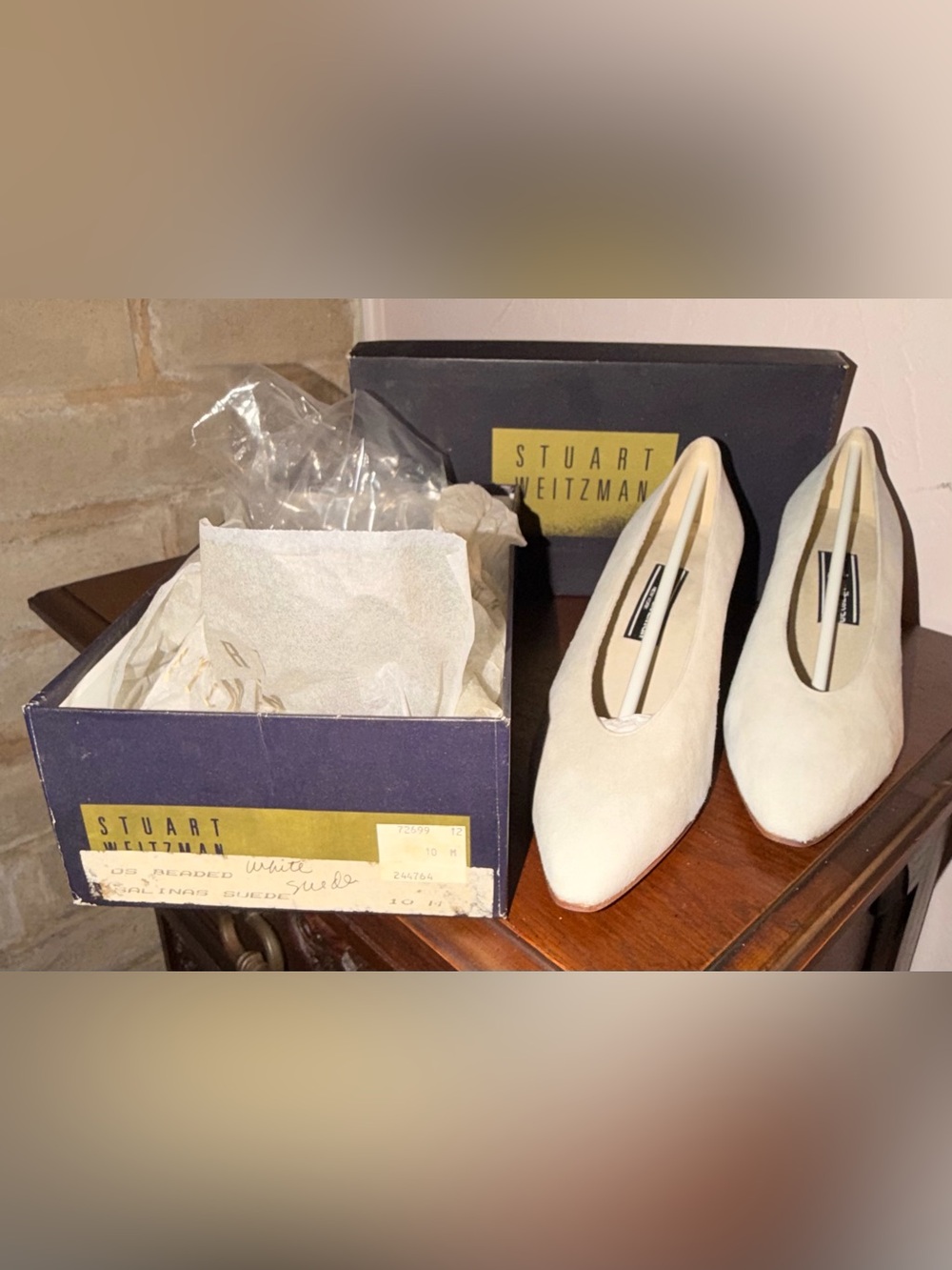 Vintage Stuart Weitzman Salinas Off White Suede Beaded Heel Pumps Box 10M